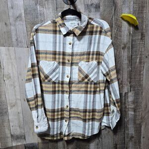 BKE White Plaid Boyfriend Fit Flannel Button Down Shirt
